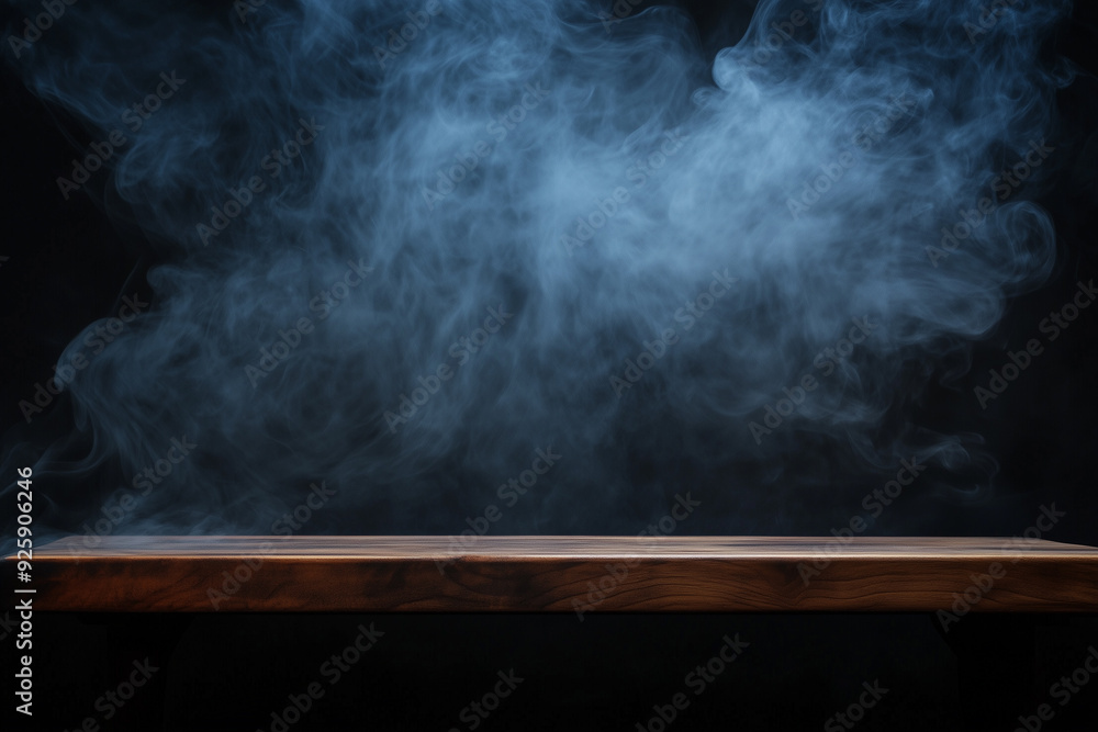 Empty wooden table with smoke float up on dark background Empty wooden table with smoke float up on dark background