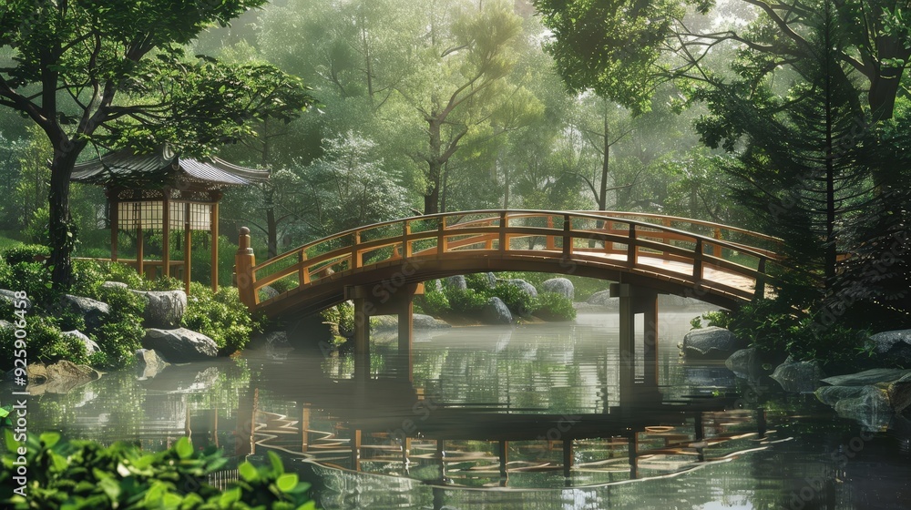 Create a Zen-inspired scene featuring a traditional Japanese wooden bridge over a quiet pond. Create a Zen-inspired scene featuring a traditional Japanese wooden bridge over a quiet pond.