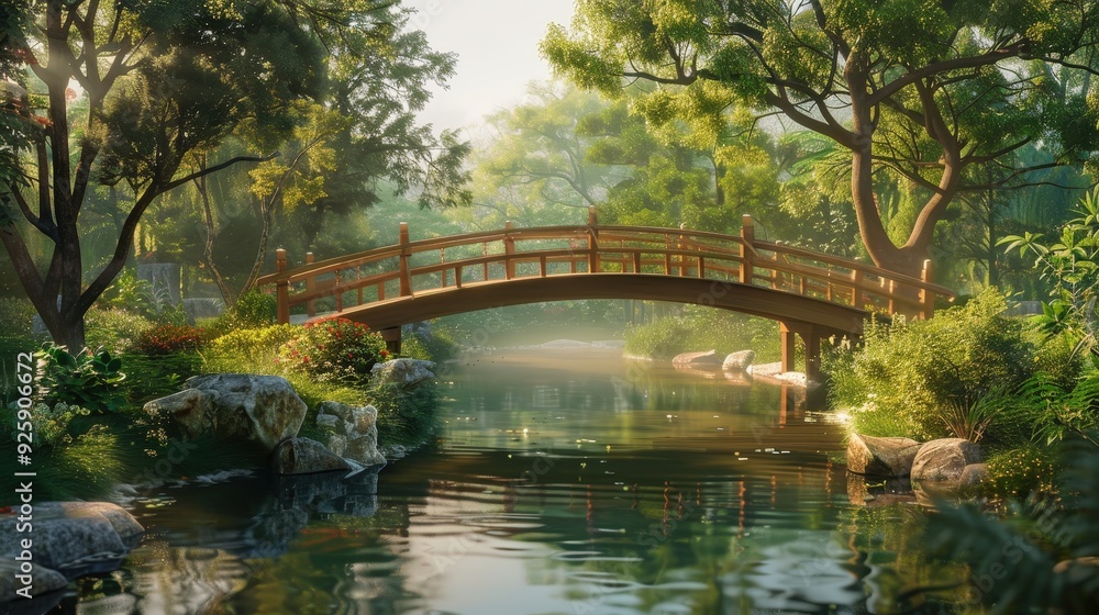 a Zen landscape with a traditional Japanese bridge spanning a calm stream. a Zen landscape with a traditional Japanese bridge spanning a calm stream.