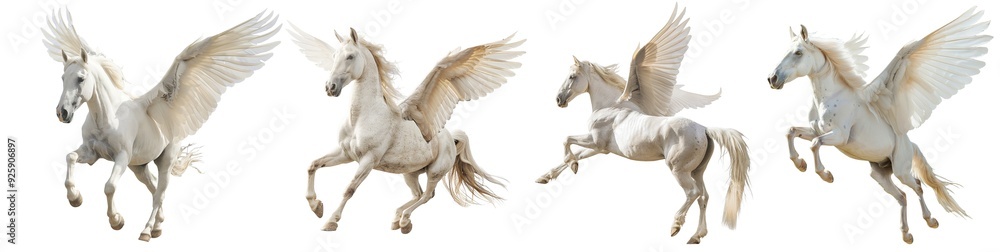 Set of majestic white Pegasus horses soaring in flight, cut out Set of majestic white Pegasus horses soaring in flight, cut out