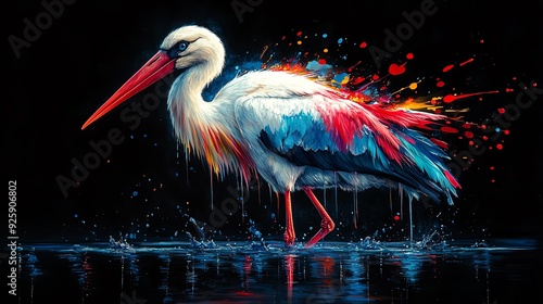 Stork with rainbowcolored feathers and paint dripping from its wings, standing on a dark background, vibrant and artistic photo