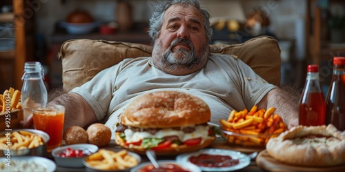 Fat man eating junk food