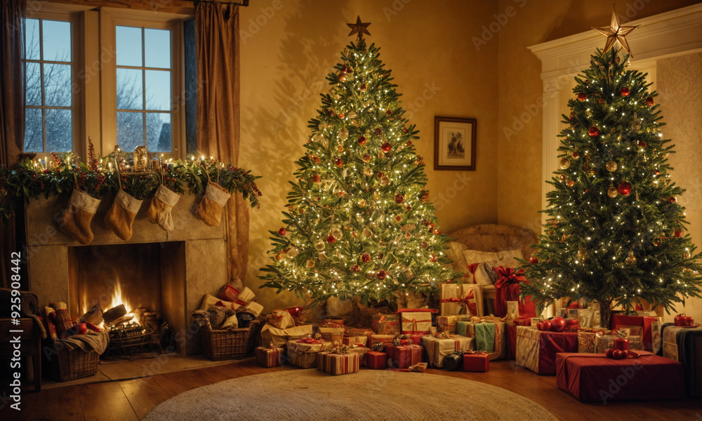 Stylish living room interior with beautiful fireplace, Christmas tree and other decorations at night Stylish living room interior with beautiful fireplace, Christmas tree and other decorations at night
