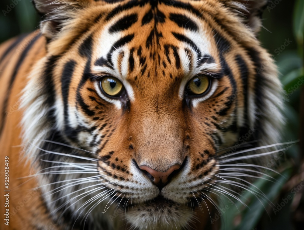 Close-up Portrait of a Tiger's Face with Striking Yellow Eyes Close-up Portrait of a Tiger's Face with Striking Yellow Eyes