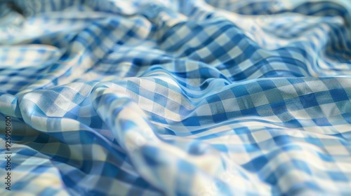 Blue and white checkered fabric with smooth folds and wrinkles. photo