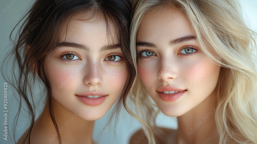 two young girls, blonde, brunette. model appearance. product advertising. two young girls, blonde, brunette. model appearance. product advertising.