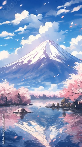 Pink-Hued Mount Fuji Wallpaper: A Stylized Anime-Inspired Cherry Blossom Landscape, Abstract Art for Gaming and Storybook Illustrations. photo