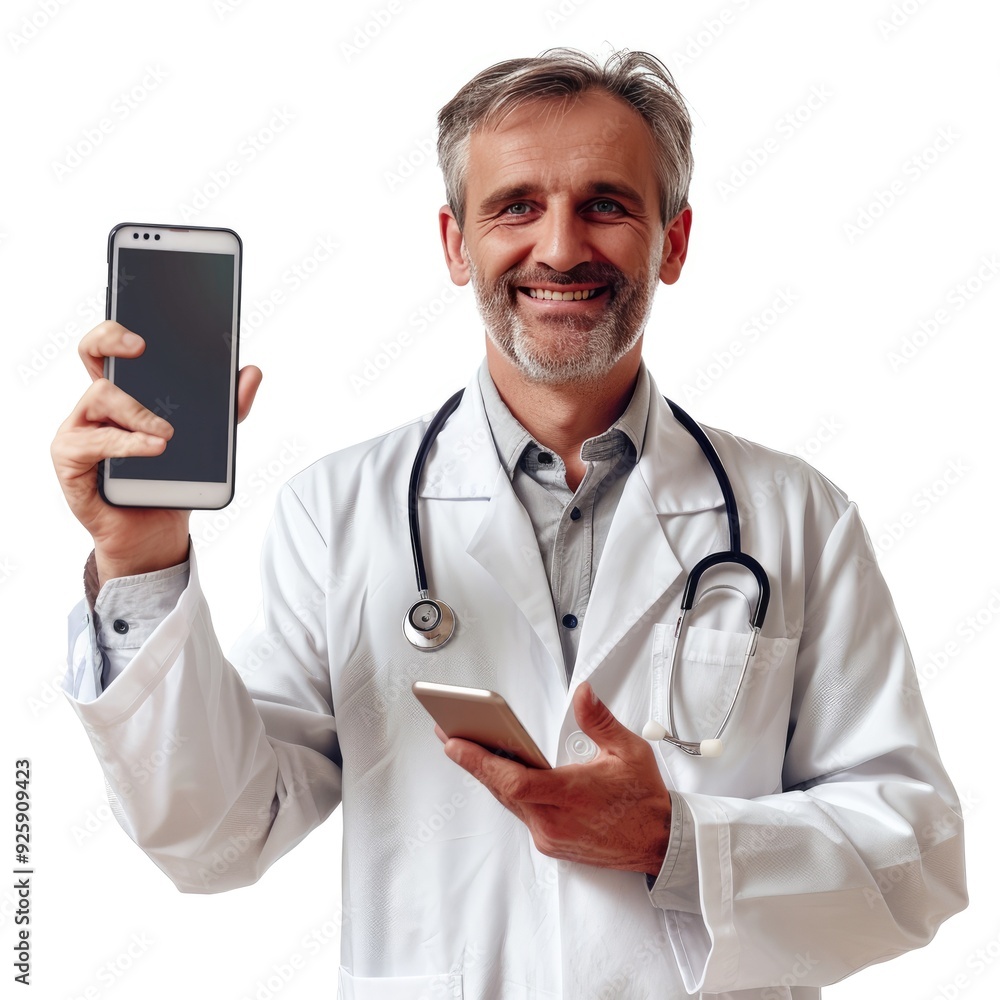 Portrait of smiling doctor, shows smartphone screen, isolated on white background.