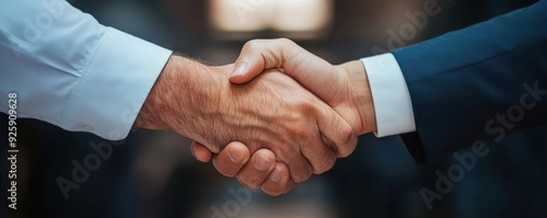 A close-up of two hands shaking, symbolizing friendship, partnership, or agreement in a professional setting.