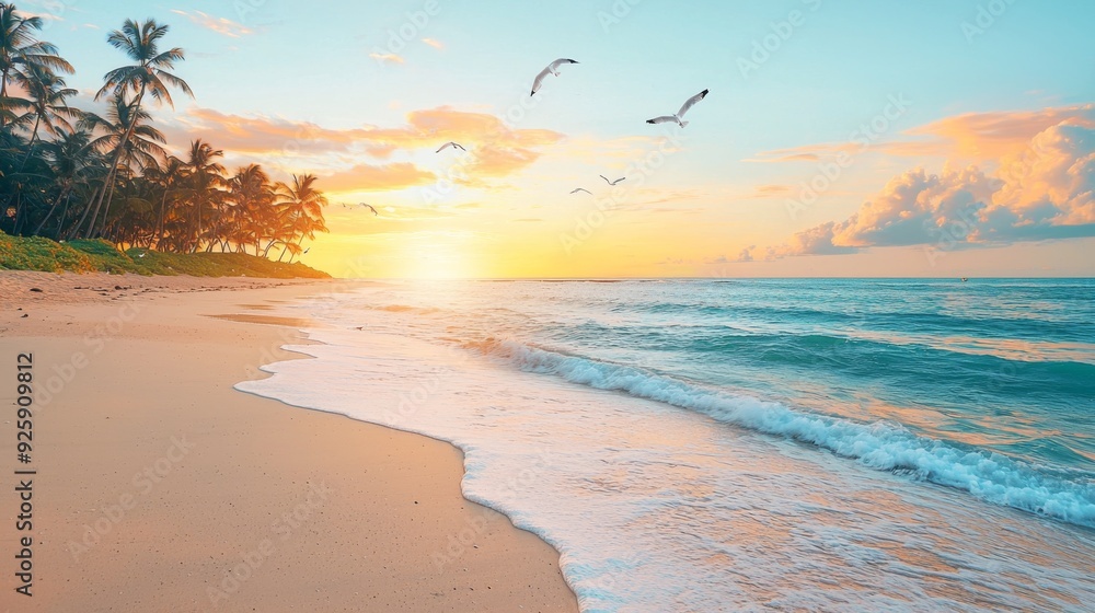 A high-angle view of a pristine beach bathed in the golden light of sunset, with tall coconut trees gently swaying in the breeze, soft waves rolling in from the ocean