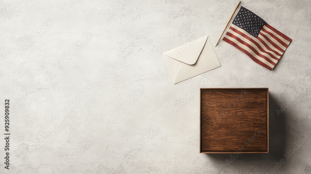 Fototapeta premium A rustic wooden box, an envelope, and a small American flag on a neutral background, perfect for patriotic themes and gifts.