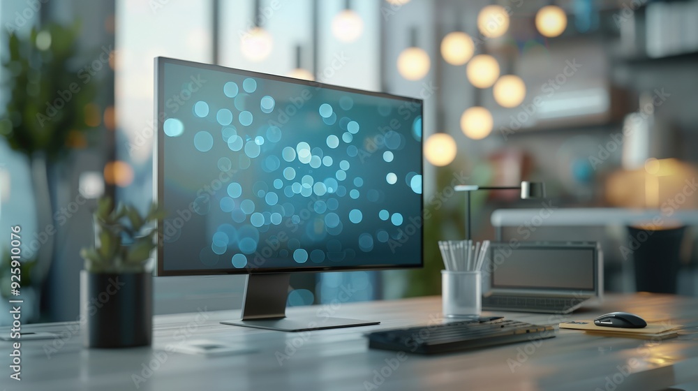 Create an image of a modern office desk with a high-end computer, including a large monitor and a tidy keyboard.