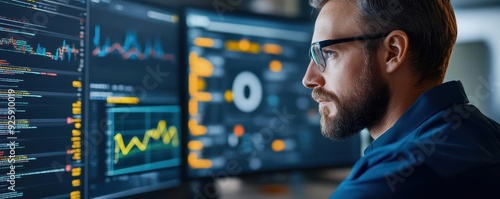 A focused professional analyzing data on multiple screens, showcasing technology and modern data visualization in a workspace.