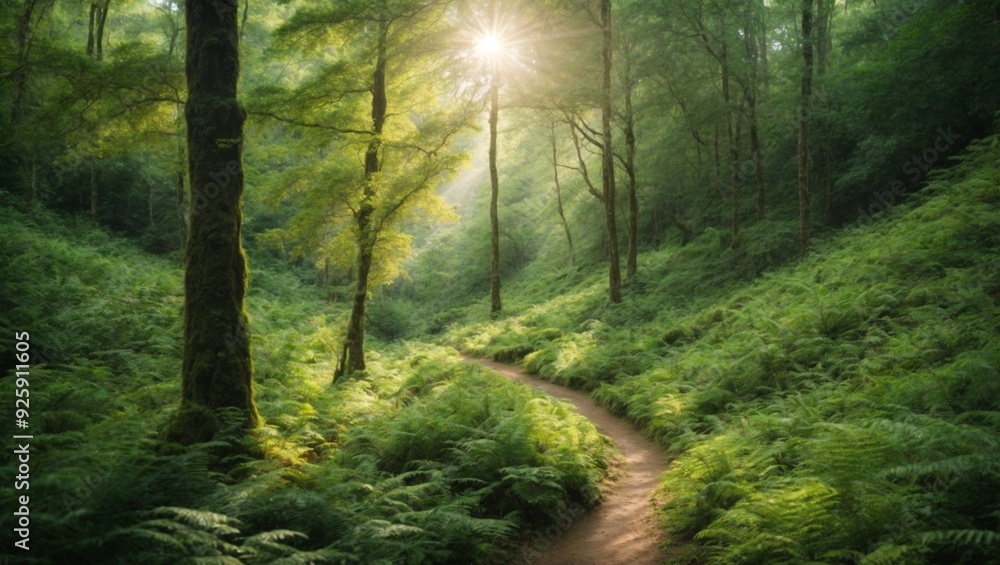 Naklejka premium Enchanting sunlit forest path winding through lush green ferns in misty woodland