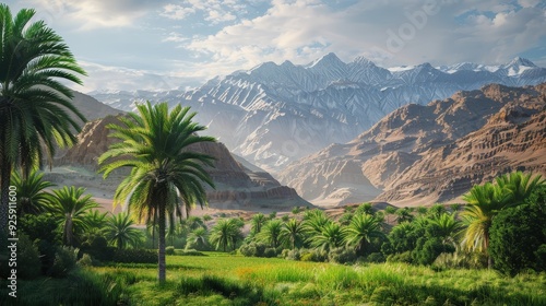 Create an image , with its lush palm groves and traditional kasbahs set against a backdrop of rugged mountains.