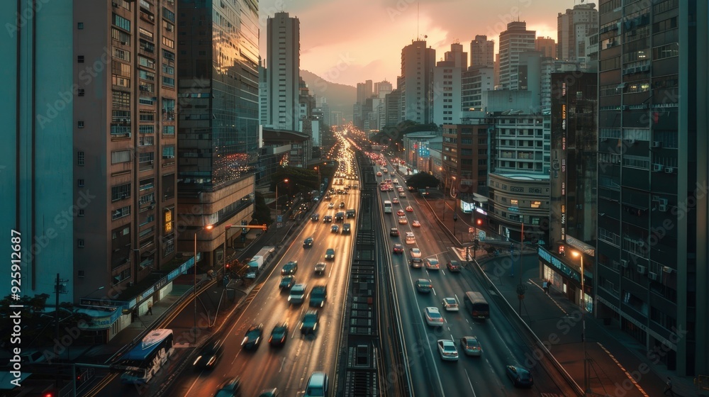 Fototapeta premium Create an image of two roads leading through a bustling cityscape, with one road busy with traffic and the other quieter