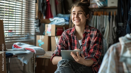 The smiling woman with tablet photo