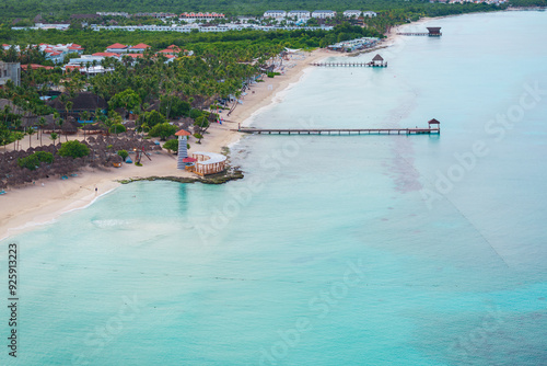 Bayahibe beach, Lighthouse aerial photo by drone. Crystal clear sea with beautiful sandy beach.Dominican Republic.