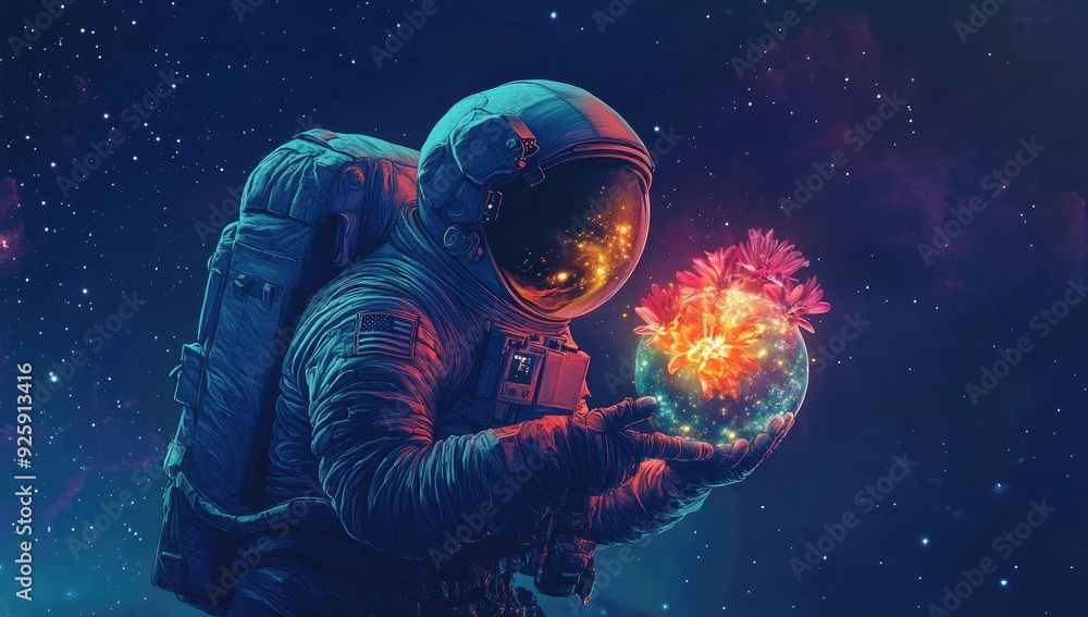 An astronaut holds a glowing flower in space. An astronaut holds a glowing flower in space.