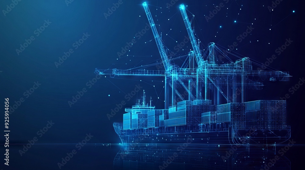 Trade port low poly wireframe banner template. Digital vector cargo ...