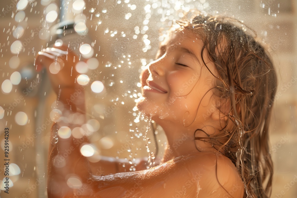 A young girl enjoys a refreshing shower, closing her eyes and smiling as water droplets fall around her. A young girl enjoys a refreshing shower, closing her eyes and smiling as water droplets fall around her.
