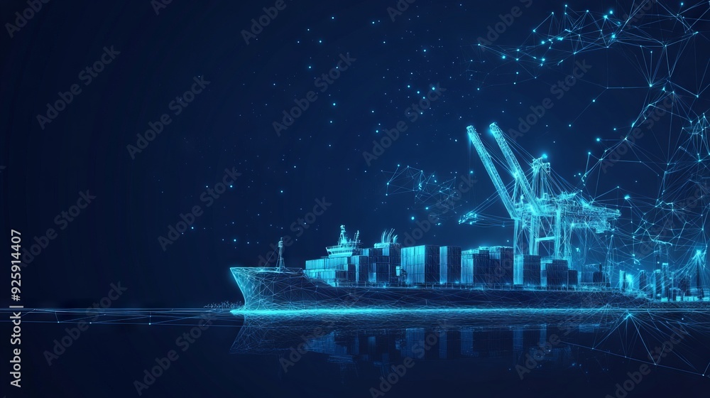 Trade port low poly wireframe banner template. Digital vector cargo ...