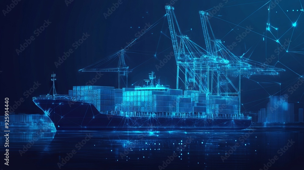 Trade port low poly wireframe banner template. Digital vector cargo ...