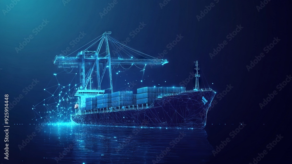 Trade port low poly wireframe banner template. Digital vector cargo ...
