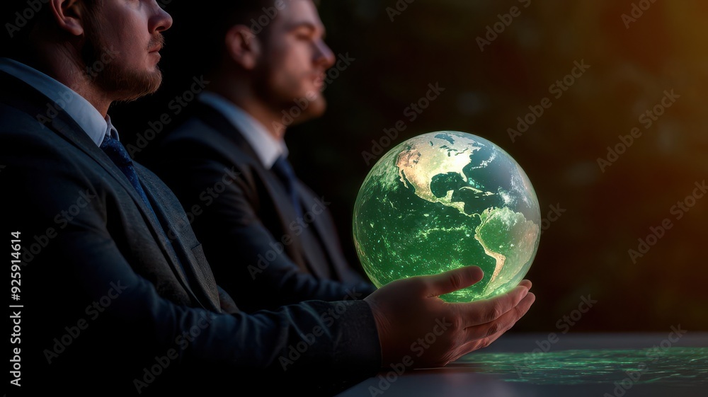 Diverse group of delegates holding glowing green earth, futuristic holographic conference table, commitment to a sustainable future, international collaboration on green policies Diverse group of delegates holding glowing green earth, futuristic holographic conference table, commitment to a sustainable future, international collaboration on green policies