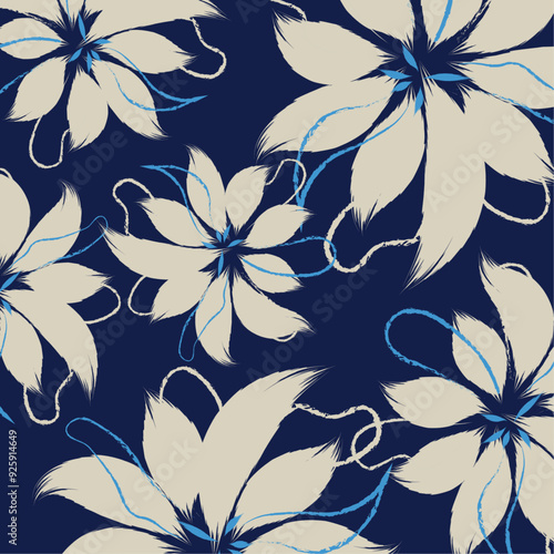 A Soft white and blue flowers hand drawing textiles used in handdrawing clothes and fashion style in vector. A floral pattern textile tropical bicolor flower