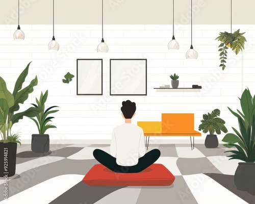 Employee taking a break for therapeutic exercises in an ergonomically designed break room, surrounded by relaxing decor, therapy break, ergonomic office photo