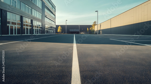 Leerer Parkplatz vor einem modernen Bürogebäude: Stille im Unternehmensviertel photo