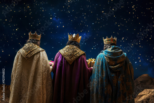 Three kings gazing at a starry night sky while holding gifts in a desert landscape photo