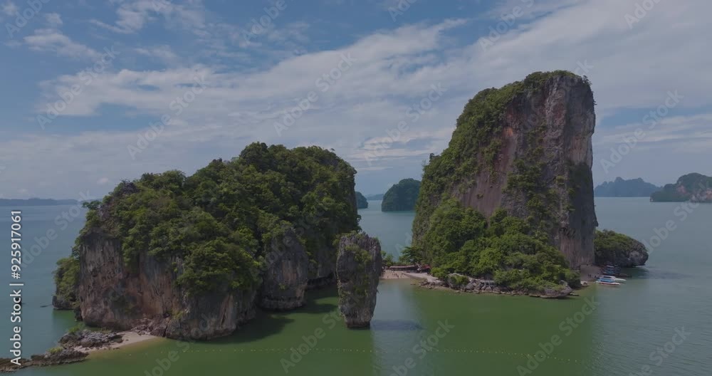 Aerial view james bond island tropical forest sea bay with travel boat summer vacation Thailand Aerial view james bond island tropical forest sea bay with travel boat summer vacation Thailand