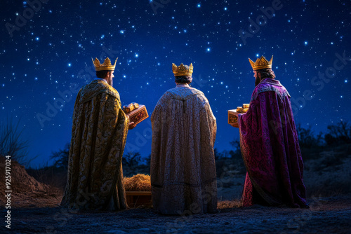 Three wise men presenting gifts under a starry night sky