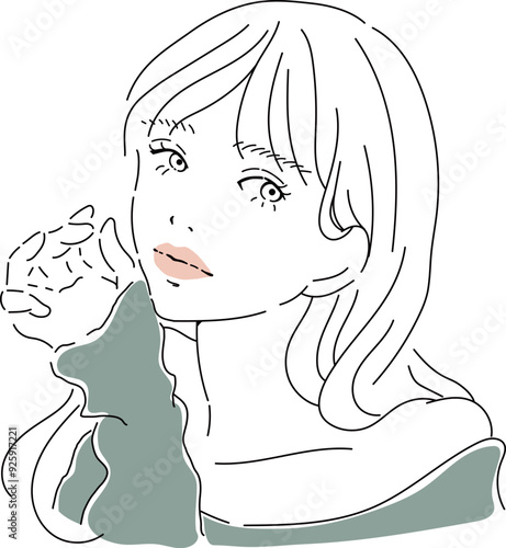 視線を送る美しいロングヘアの女性の線画イラスト