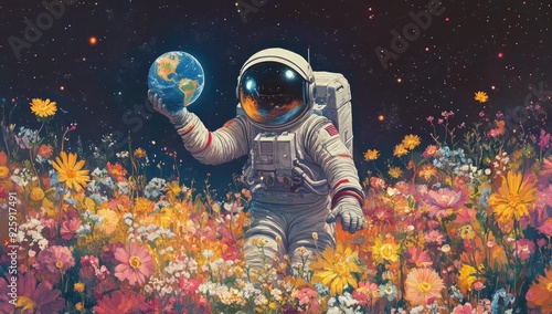 Astronaut holding Earth in flower field.