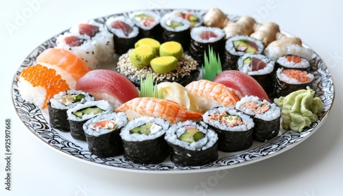 A fresh and colorful assortment of sushi served on a traditional Japanese plate