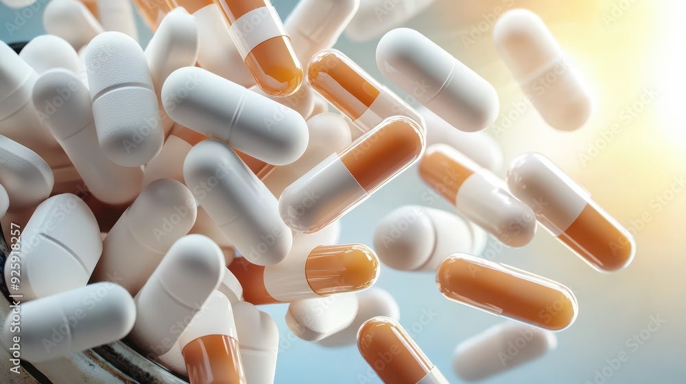 A close-up of various capsules in motion, showcasing pharmaceutical colors and textures, suitable for health and wellness themes. A close-up of various capsules in motion, showcasing pharmaceutical colors and textures, suitable for health and wellness themes.