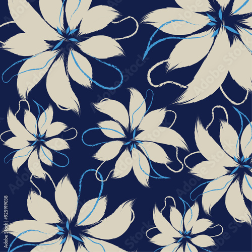 Soft white and blue flowers hand drawing textiles used in handdrawing clothes and fashion style in vector. A floral pattern textile tropical bicolor flowers