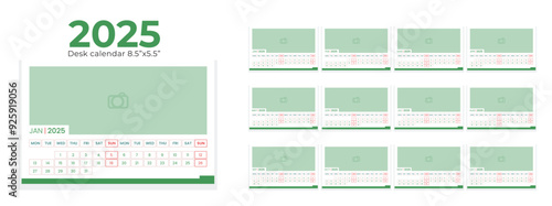 2025 Desk Calendar Planner Templates for a company or home. Image place holder added. Simple full page calendar in vector format with Monday as the start of the week.