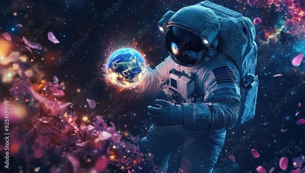 Astronaut holding Earth with flower petals floating. Astronaut holding Earth with flower petals floating.
