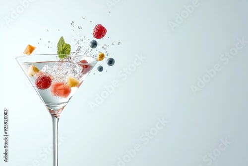 A refreshing cocktail with colorful fruits splashing in a glass, capturing the essence of summer and vibrant flavors.