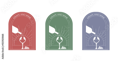 Grape and wine. Line art logo. Set in different color variations. Vector illustration