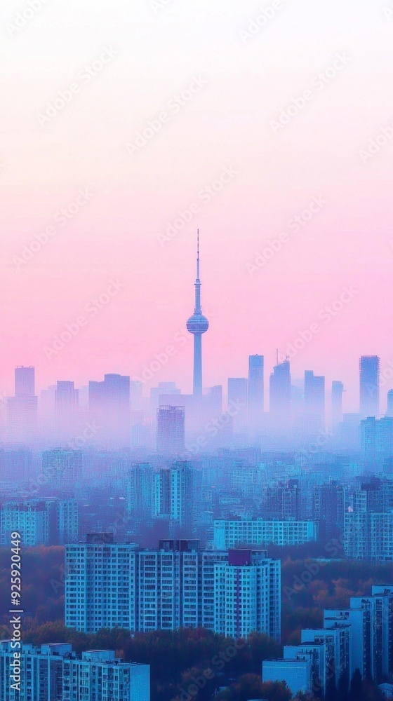 Obraz premium Ethereal Urban Dawn: Misty Cityscape Silhouette at Sunrise. Abstract Skyline Shrouded in Fog for Creative Marketing and Advertising. AI-Generated Atmospheric Design for UI, Web, and Poster Backgrounds