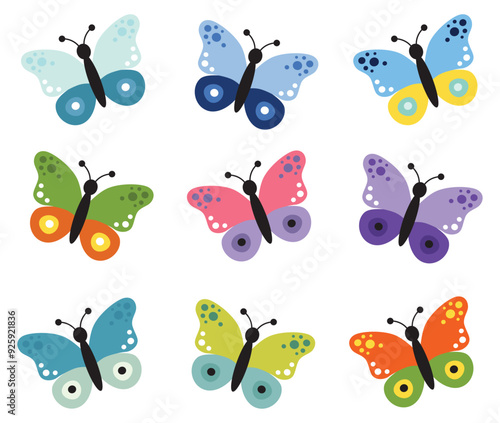 Cute butterflies kids cartoon collection. Vector illustration isolated on white background. Color insect clipart. Baby shower design elements. Party invitation, birthday celebration.Spring, summer art