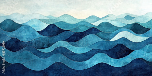 Ocean waves art background illustration, blue water sea pattern artwork backdrop, painting stylistic oceans, generated ai