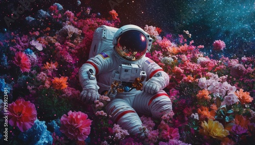 Astronaut surrounded by vibrant flowers against starry sky.