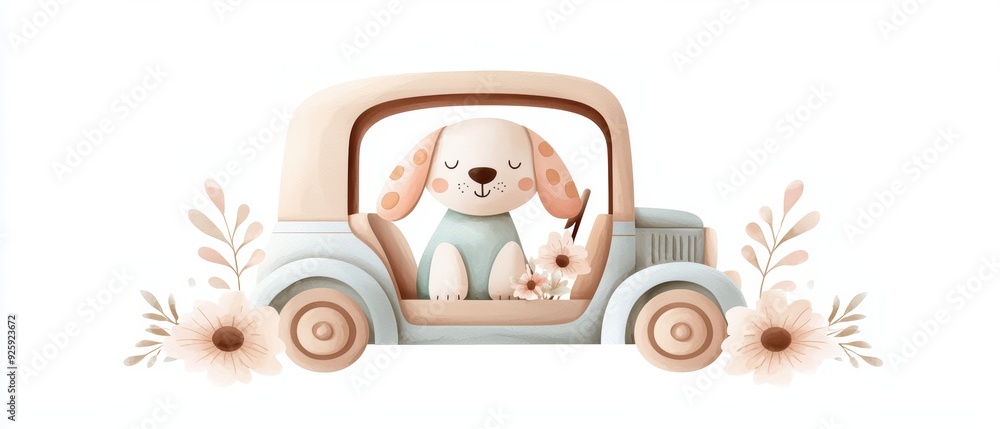 Obraz premium Charming illustration of a happy dog in a vintage car surrounded by flowers, perfect for pet lovers or whimsical designs.