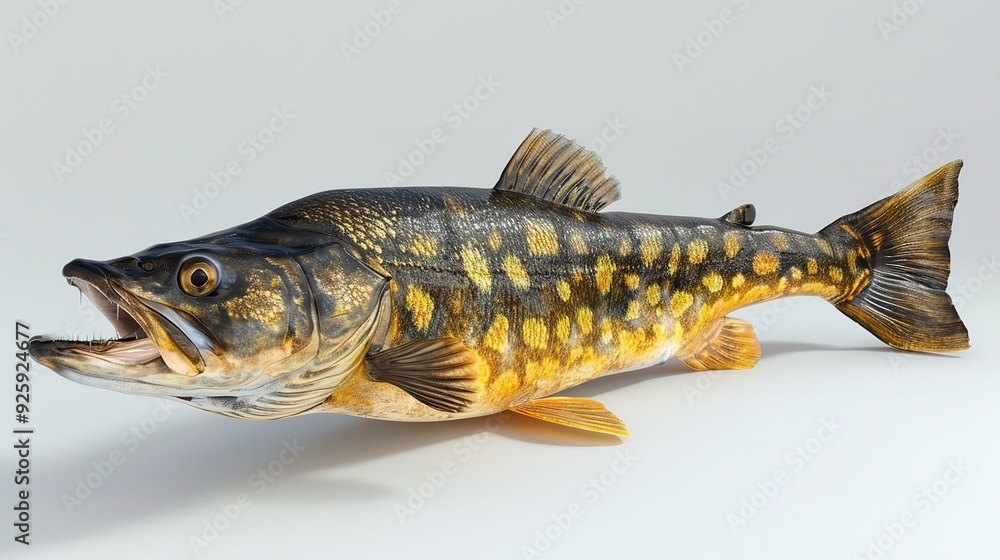 3D rendering of a realistic goldfish with black and gold scales, isolated on a white background. 3D rendering of a realistic goldfish with black and gold scales, isolated on a white background.